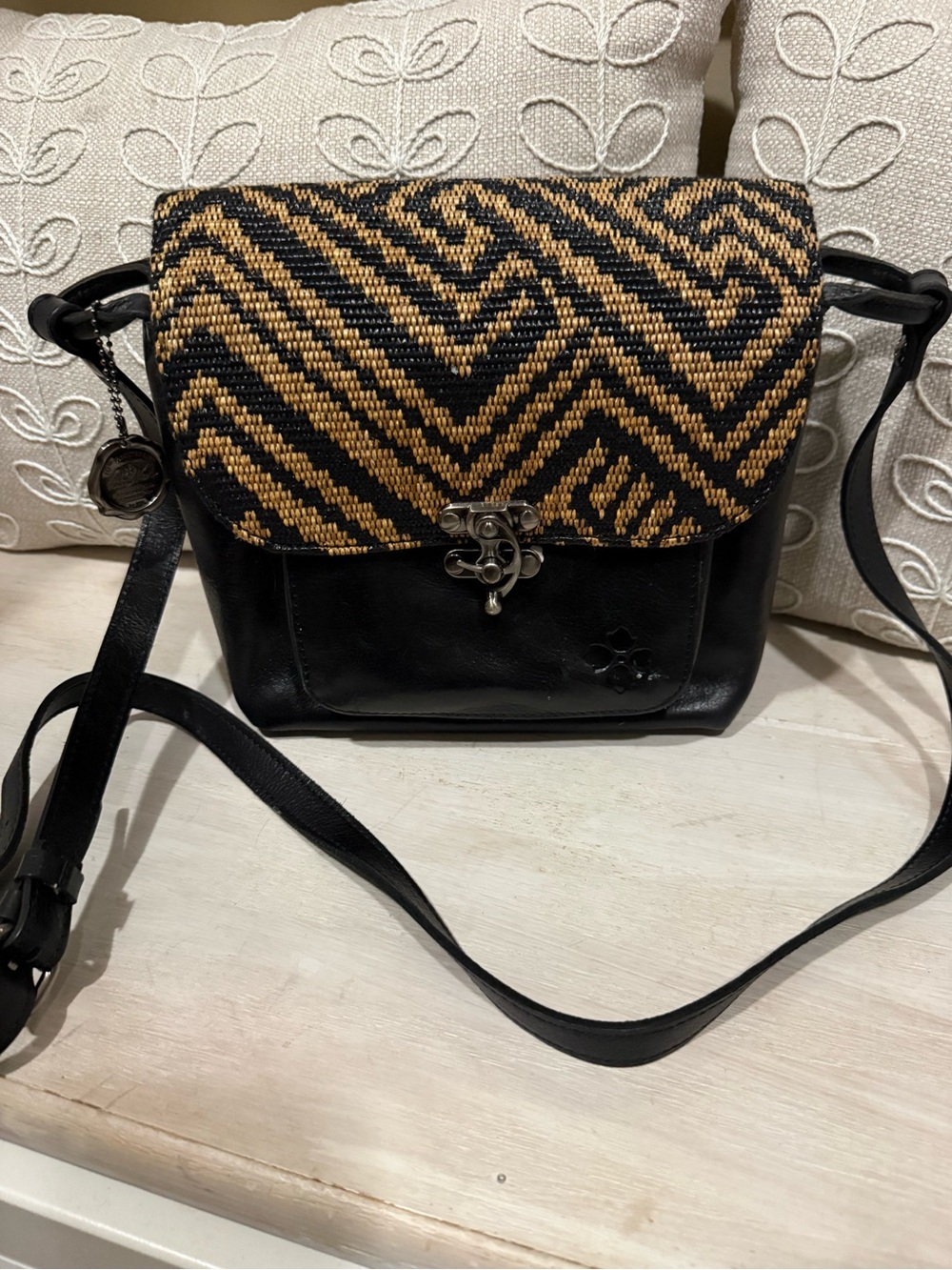 Patricia Nash Black and Tan Woven Flap Crossbody Bag